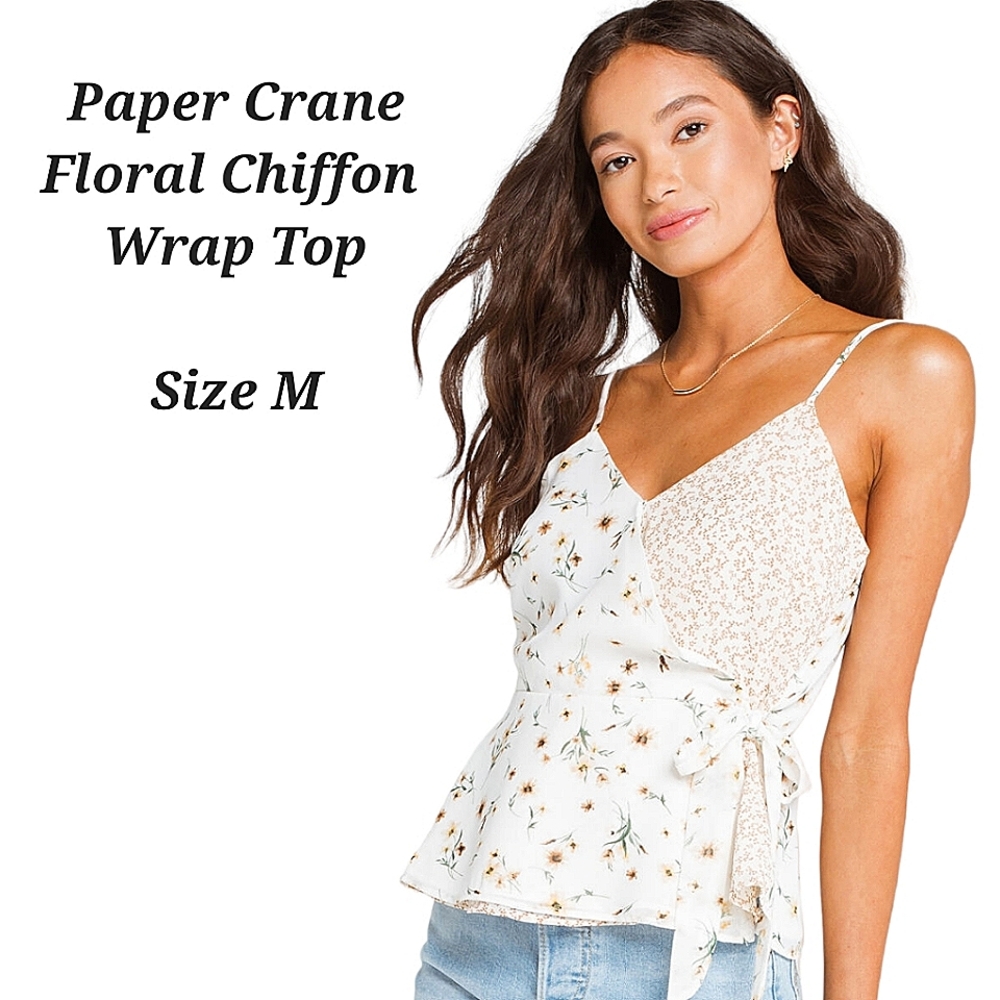 Paper Crane Cream Floral Chiffon Faux Tie Wrap Peplum Hem Top M | Delicate Top